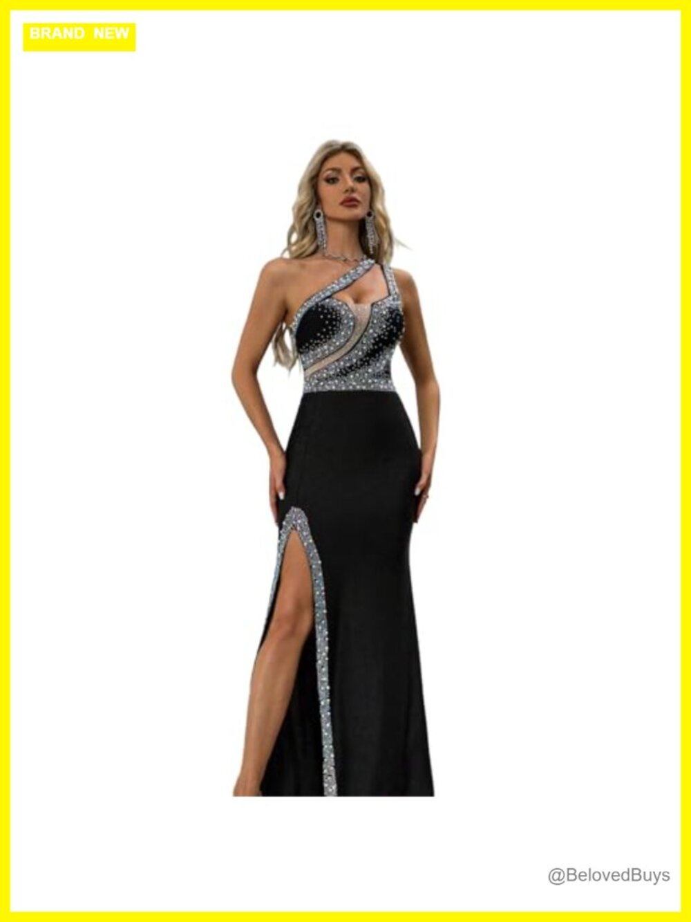 One Shoulder Rhinestone Mermaid Evening Gown High Slit Formal Prom Dress